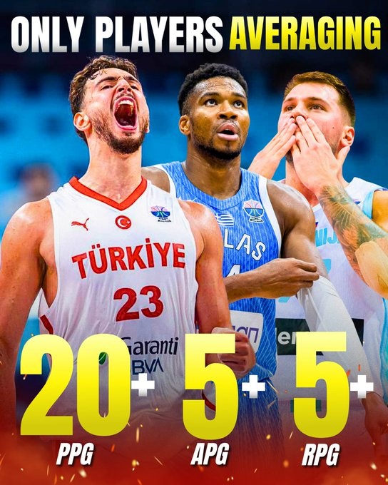 开云-东契奇字母哥申京是本届欧锦赛至今仅有的3位场均至少20+5+5球员